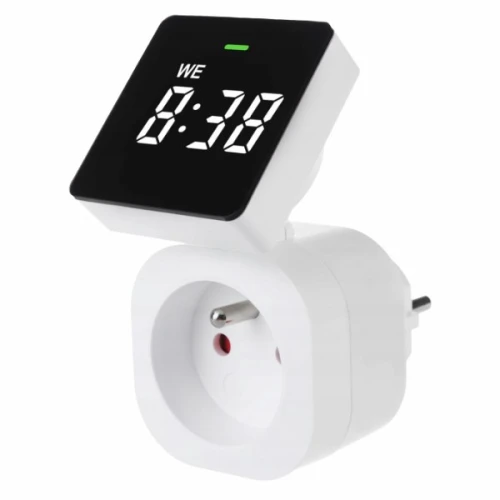 Programator czasowy elektroniczny 24h W-72034 w kolorze białym z cyfrowym wyświetlaczem. Widoczny czas 8:38 oraz dzień tygodnia. Produkt podłączany do gniazdka, posiada wtyczkę i gniazdo z dwoma otworami.