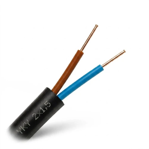 Kabel ziemny YKY 2x1,5 0,6/1kV w czarnej izolacji, z widocznymi dwoma żyłami: brązową i niebieską. Zakończenia żył odsłonięte, co pozwala na łatwe podłączenie. Produkt przeznaczony do instalacji elektrycznych w ziemi.