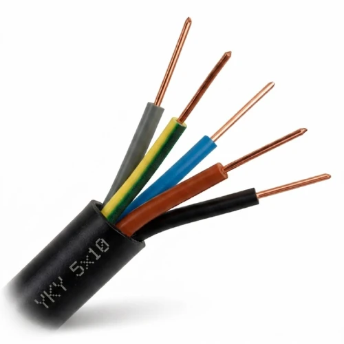 Kabel ziemny YKY 5x10 0,6/1kV z pięcioma żyłami miedzianymi w kolorach: czarnym, brązowym, niebieskim, żółto-zielonym i szarym, z widoczną etykietą YKY 5x10. Ujęcie z boku, zbliżenie na detale przewodów.