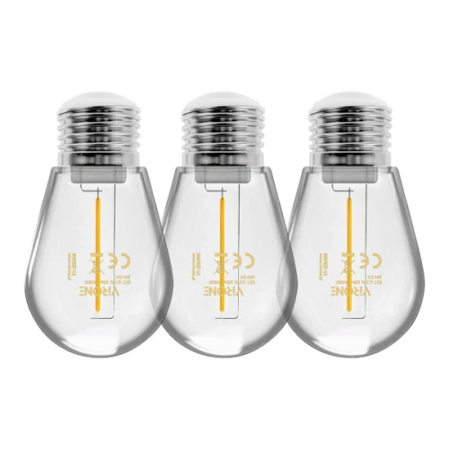 Zestaw trzech żarówek LED filament E27 o mocy 0,1W, z ciepłą białą barwą światła. Żarówki mają przezroczystą obudowę, metalowe gwinty i widoczne filamentu w kształcie prostokąta. Ułożone są obok siebie, w frontalnym ujęciu.