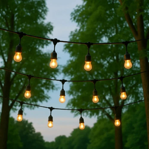 Zestaw 3 żarówek LED filament E27 o mocy 0,1W, emitujących ciepłe białe światło. Żarówki zawieszone na czarnym przewodzie, w otoczeniu zielonych drzew, tworzą przytulną atmosferę. Widok z boku, z kilkoma żarówkami włączonymi.