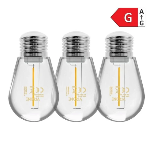 Zestaw trzech żarówek LED filament E27 o mocy 1W, emitujących ciepłe białe światło. Żarówki mają przezroczystą szklankę w kształcie kropli, z widocznym filamentem LED w środku oraz metalowym gwintem.
