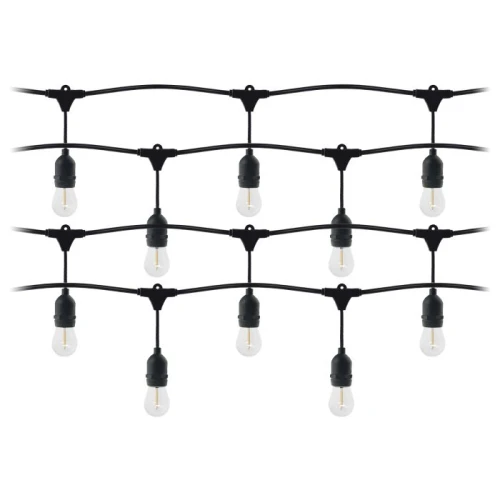 Zestaw trzech żarówek LED filament E27 o mocy 1W, ciepła biała barwa, zawieszone na czarnym kablu. Żarówki mają okrągły kształt, przezroczyste klosze i są umieszczone w czarnych oprawkach. Idealne do dekoracyjnego oświetlenia wnętrz.