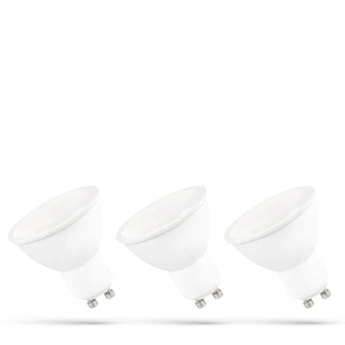 Zestaw trzech żarówek LED GU10 6W w ciepłej białej barwie. Żarówki mają okrągły kształt z białą obudową i metalowymi stykami. Ułożone w lekkim rozstawie, prezentują nowoczesny design. Idealne do oświetlenia wnętrz.