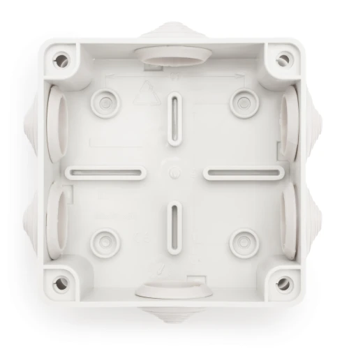 Puszka natynkowa 100x100x50 mm IP65 w kolorze białym, z sześcioma dławikami. Widok z góry, ukazuje gładką powierzchnię oraz oznaczenia. Idealna do instalacji elektrycznych w warunkach zewnętrznych.