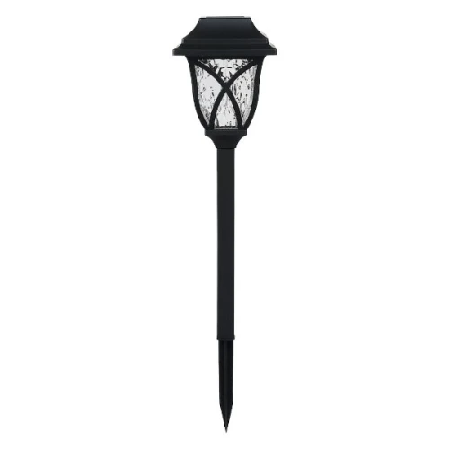 Lampa solarna Lawn IP44 o wysokości 44 cm w kolorze czarnym, z metalową podstawą i ozdobnym kloszem z przezroczystego tworzywa, zamontowana na szpicu do wbijania w ziemię. Idealna do oświetlenia przestrzeni zewnętrznych.
