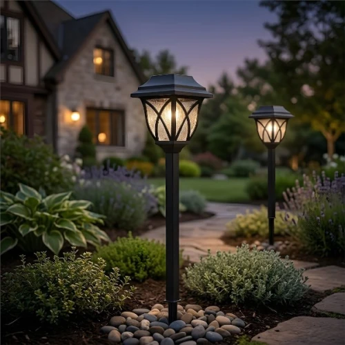 Lampa solarna Lawn IP44 o wysokości 44 cm, czarna, z ozdobnym kloszem, stojąca w ogrodzie, otoczona zielenią i kamieniami. W tle widoczny dom, zdjęcie wykonane w trakcie zmierzchu, co podkreśla efekt oświetlenia.