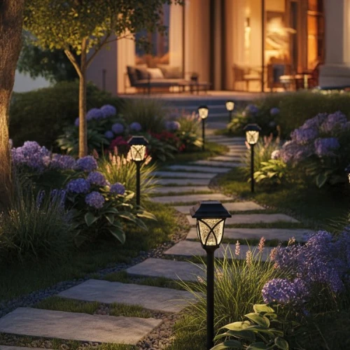 Lampa solarna Lawn IP44 0,06W w kolorze czarnym, wysokość 44 cm, umieszczona w ogrodzie wzdłuż ścieżki, otoczona kwiatami i zielenią. Przyjemne oświetlenie LED w kształcie lampionu, ustawiona pionowo na podłożu.