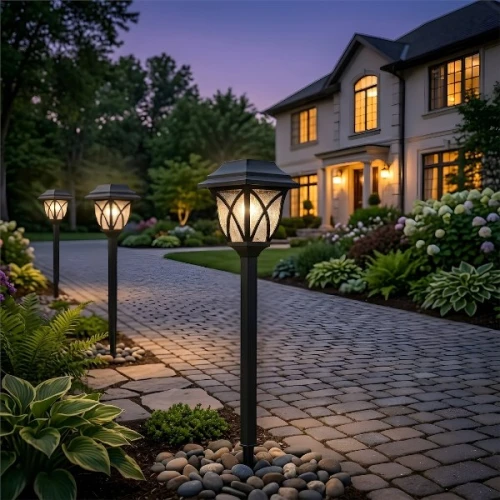 Lampa solarna Lawn IP44 0,06W w kolorze czarnym, o wysokości 44 cm, z dekoracyjnym kloszem, umieszczona na słupku, oświetlająca ścieżkę w ogrodzie, otoczona roślinnością. Widok na trzy lampy wzdłuż kostkowanej alejki przed domem.