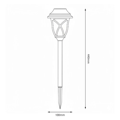 Lampa solarna Lawn IP44, czarna, o wysokości 44 cm i średnicy podstawy 10 cm. Rysunek techniczny.