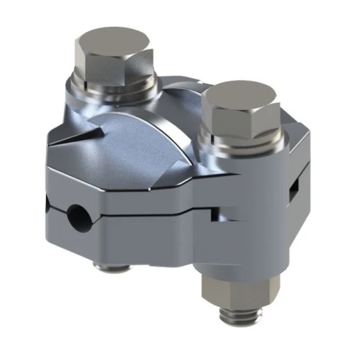 Zacisk pętlicowy 50-70 w kolorze metalicznym, z dwiema śrubami mocującymi na górze. Produkt z widocznymi otworami do montażu, o kompaktowym kształcie. Ujęcie z boku, pokazujące detale konstrukcyjne i wykończenie.