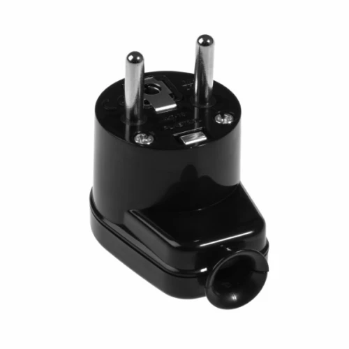 Wtyczka kątowa rozbieralna 16A 250V w kolorze czarnym. Produkt ma dwa metalowe bolce, złącze do przewodu oraz widoczną oznakowanie. Ujęcie z boku, ukazuje kształt i detale konstrukcji.