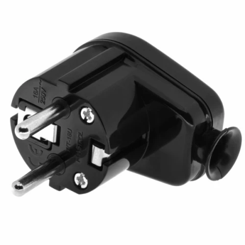 Wtyczka kątowa rozbieralna 16A 250V w kolorze czarnym. Kształt prostokątny z dwoma metalowymi stykami oraz przyciskiem blokującym. Widoczne oznaczenia techniczne na obudowie. Ujęcie z boku, pokazujące profil i detale konstrukcyjne.