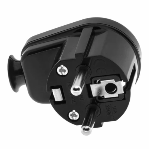 Wtyczka kątowa rozbieralna 16A 250V w kolorze czarnym. Z przodu widoczne dwa metalowe bolce oraz otwór do montażu. Kątowy kształt ułatwia podłączenie w ciasnych miejscach. Produkt wykonany z tworzywa sztucznego, z widocznymi śrubami mocującymi.
