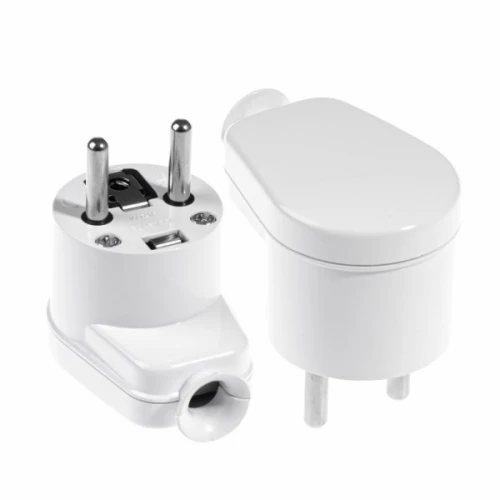 Wtyczka kątowa rozbieralna 16A 250V w kolorze białym. Produkt składa się z dwóch części: jednego z bolcami oraz obudowy. Ujęcie z boku, pokazujące detale konstrukcyjne i kształt. Idealna do użytku w różnych urządzeniach elektrycznych.