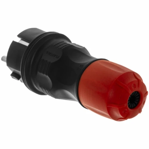 Wtyczka rozbieralna prosta Schuko na kabel 16A IP54 w kolorze czarno-czerwonym. Ujęcie z boku, widoczny czarny korpus i czerwona osłona z teksturą. Produkt przeznaczony do zastosowań zewnętrznych, zapewniający ochronę przed wodą.