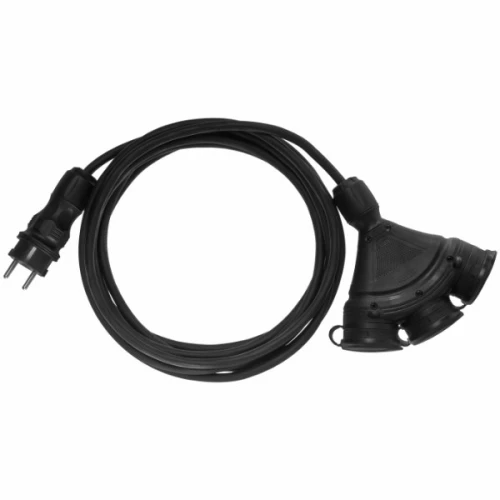 Przedłużacz budowlany z 3 gniazdami IP54, o długości 5 m. Czarny kabel z wtyczką oraz 3 gniazdami na końcu, z widocznymi otworami wtykowymi. Produkt leży na płaskiej powierzchni, w neutralnym tle. Idealny do zastosowań zewnętrznych.