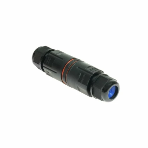 Mufa kablowa 5 PIN, bezśrubowa, przeznaczona do szybkozłączek o przekroju 0,5-1,5 mm². Czarna obudowa z pomarańczowym pierścieniem, cylindryczny kształt, umieszczona na jednolitym tle.