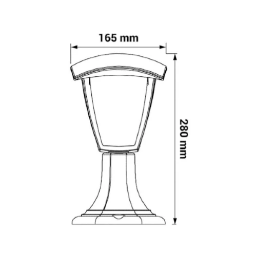 Lampa ogrodowa WENA 7W o wysokości 30 cm i średnicy 16,5 cm, z klasycznym kształtem. Rysunek techniczny.