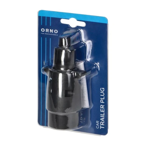 Wtyczka przyczepy 7 pinów, plastikowa, w kolorze czarnym. Produkt zamocowany na niebieskim tle opakowania, z widocznym napisem CAR TRAILER PLUG oraz logo ORNO. Ujęcie frontalne, w pełnej widoczności.