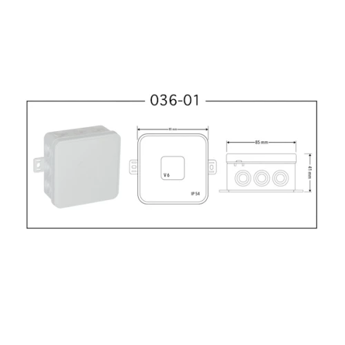 Puszka natynkowa 85x85x41 mm, biała, 12 wlotowa, z osłonką, widok frontalny i boczny. Zawiera oznaczenia IP54 oraz wymiary. Produkt w pozycji stojącej, z widocznymi otworami do podłączeń.