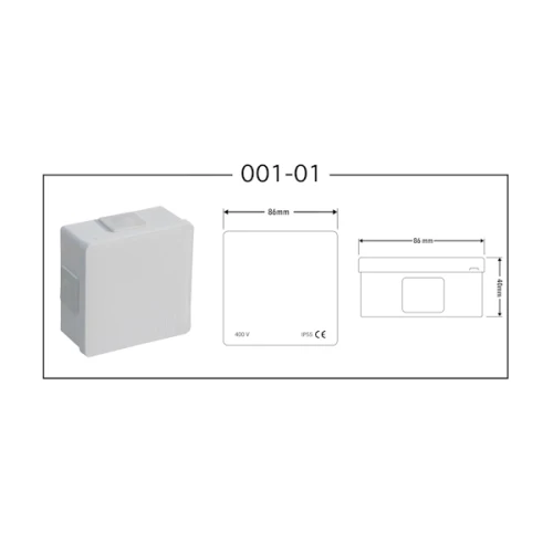 Puszka natynkowa biała o wymiarach 86x86x40 mm, IP55, z czterema wlotami i dławikami gumowymi. Ujęcie z boku i z góry pokazujące prostokątny kształt oraz wyraźne oznaczenia techniczne.