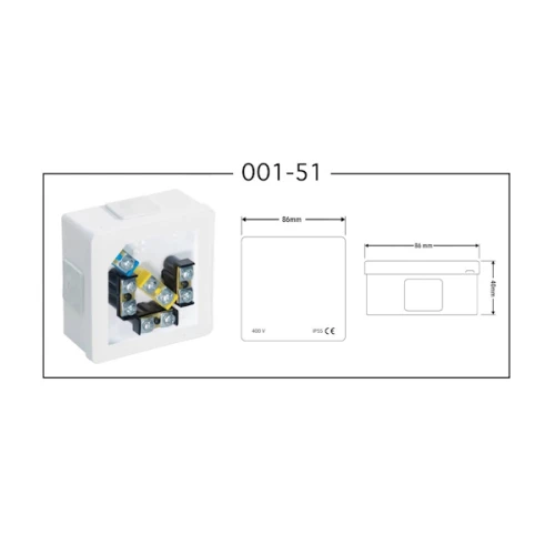 Puszka natynkowa 86x86x40 mm, IP55, biała, z czterema wlotami. Widoczne zaciski wewnętrzne, prostokątny kształt. Ujęcie frontalne z wymiarami i oznaczeniem IP55.