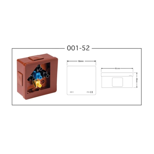 Puszka natynkowa 86x86x40 mm w kolorze brązowym, z czterema wlotami i zaciskami. Widoczny kształt kwadratowy, z otwartą częścią ujawniającą wewnętrzne złącza. Wymiary podane z boku. Wodoodporność IP55.