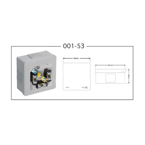 Puszka natynkowa 86x86x40 IP55 4 wlotowa klik z zaciskami popiel – 001-53