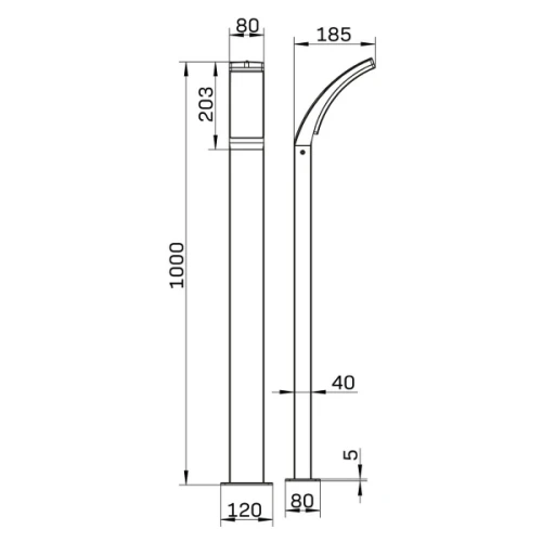 Lampa ogrodowa LED AMY 12W, czarna, o wysokości 100 cm. Rysunek techniczny.