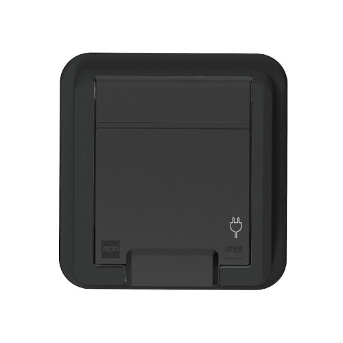 Gniazdo pojedyncze podtynkowe AQUANT w kolorze antracytowym, z certyfikatem IP55. Z przodu widoczny symbol wtyczki oraz oznaczenie IP55. Produkt ma prostokątny kształt z zaokrąglonymi krawędziami, montowane w ścianie.