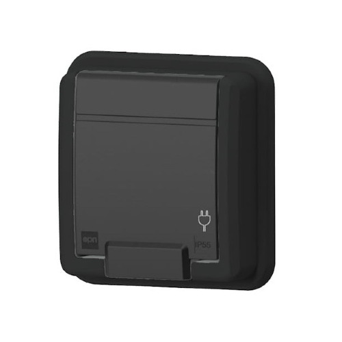 Gniazdo pojedyncze podtynkowe AQUANT IP55 w kolorze antracytowym. Produkt o prostokątnym kształcie, z widocznym symbolem IP55. Ujęcie frontalne, gniazdo zamontowane na ścianie.