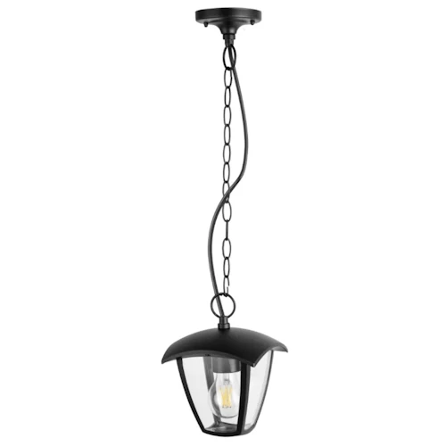 Lampa wisząca zewnętrzna IGMA E27 IP44 w kolorze czarnym, z metalowym kloszem w kształcie latarni i przezroczystym szkłem. Ułożona w pionie, zawieszona na łańcuchu. Idealna do oświetlenia przestrzeni na zewnątrz.