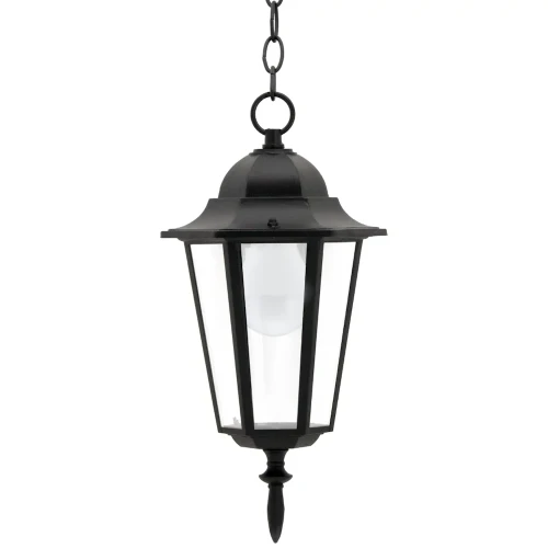 Lampa wisząca ogrodowa LIGURIA E27 w kolorze czarnym, o kształcie latarni z sześciokątnymi szklanymi ściankami. Produkt zawieszony na łańcuszku, z dekoracyjnym elementem u dołu. Idealna do oświetlenia ogrodu lub tarasu.