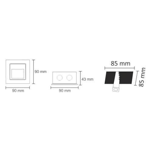 Kwadratowa lampa schodowa podtynkowa Q7 3W IP54, o wymiarach 90 mm x 90 mm, z wysokością 43 mm. Rysunek techniczny.