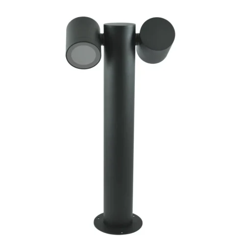 Lampa ogrodowa stojąca słupek PINO 2xGU10, 44 cm, w kolorze czarnym. Produkt ma cylindryczny kształt z dwoma okrągłymi źródłami światła u góry. Ujęcie frontalne, lampa zamontowana na okrągłej podstawie.