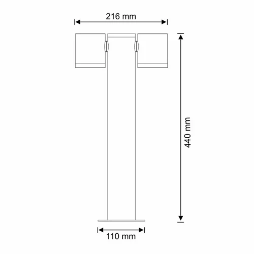 Lampa ogrodowa stojąca słupek PINO 2xGU10, czarna, o wysokości 44 cm i szerokości 21,6 cm. Rysunek techniczny.