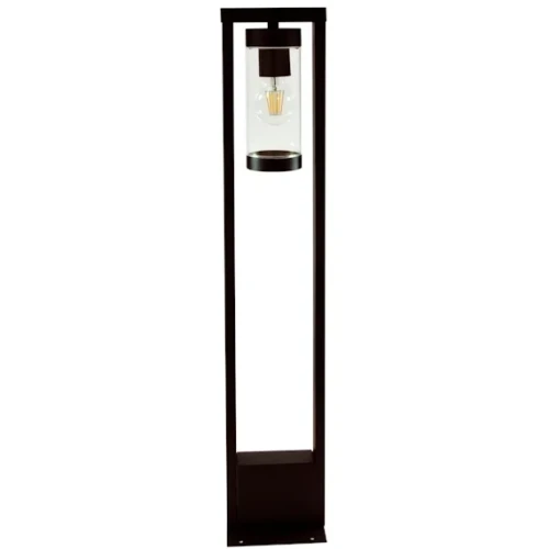 Lampa ogrodowa stojąca SPECTRA o wysokości 80 cm w kolorze czarnym. Posiada prostą, stalową konstrukcję z przezroczystym kloszem, który eksponuje żarówkę. Ujęcie frontalne, stoi na stabilnej podstawie. Idealna do oświetlenia przestrzeni zewnętrznych.