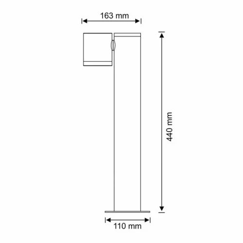 Lampa ogrodowa stojąca słupek PINO GU10, czarna, o wysokości 44 cm i szerokości 11 cm. Rysunek techniczny.