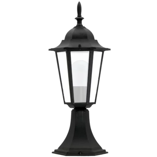 Lampa ogrodowa słupek LIGURIA, wysokość 42 cm, w kolorze czarnym, z metalową podstawą oraz przezroczystymi ściankami. Ujęcie frontalne, stojąca, elegancka konstrukcja z dekoracyjnym zwieńczeniem. Idealna do oświetlenia przestrzeni zewnętrznych.