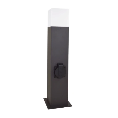 Lampa ogrodowa stojąca New York o wysokości 44 cm, w kolorze grafitowym, z kwadratowym, białym kloszem. Na bocznej stronie znajduje się gniazdo elektryczne, a całość osadzona na podstawie montażowej.