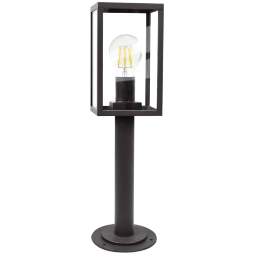 Lampa ogrodowa słupek MALMO E27 o wysokości 48 cm w kolorze grafitowym. Posiada prostokątną, metalową ramę z przezroczystym szkłem, z widoczną żarówką wewnątrz. Stojąca na okrągłej podstawie, idealna do oświetlenia przestrzeni zewnętrznej.
