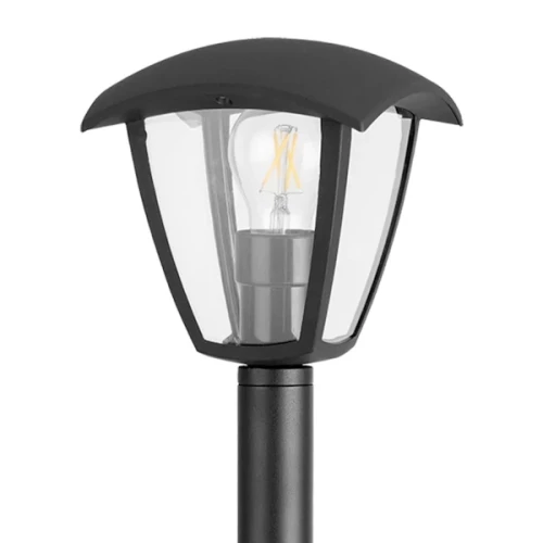 Lampa ogrodowa słupek IGMA o wysokości 86 cm, czarna, z przezroczystym kloszem i metalową podstawą. Klosz w kształcie stożka z zaokrąglonym dachem, widoczna żarówka wewnątrz. Idealna do oświetlenia ogrodów i ścieżek.