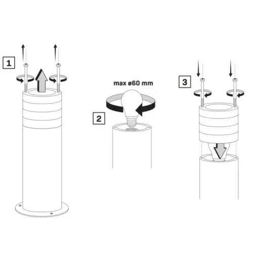 Instrukcja montażu lampy ogrodowej słupek RINO 44 cm E27. Rysunek techniczny.