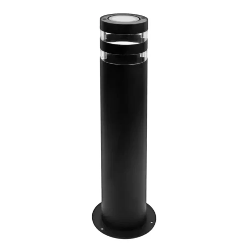 Lampa ogrodowa słupek RINO o wysokości 44 cm, okrągła, w kolorze czarnym, z przezroczystymi elementami u góry. Produkt stojący, z metalowym wykończeniem, przeznaczony do montażu na podłożu.