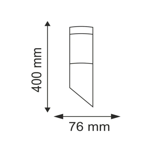 Kinkiet elewacyjny Livia skośny w kolorze satynowym, o wymiarach 400 mm wysokości i 76 mm szerokości. Rysunek techniczny.