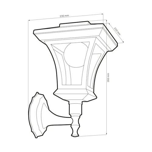 Kinkiet solarny Tirana w kolorze czarnym, o wymiarach 230 mm szerokości, 210 mm głębokości i 350 mm wysokości. Rysunek techniczny.