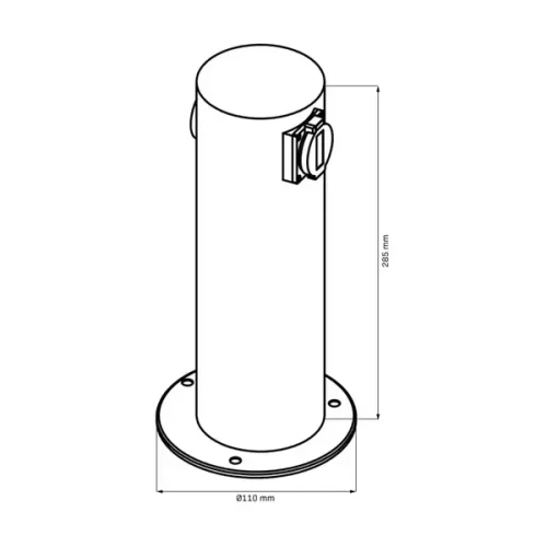 Okrągły słupek elektryczny zasilający ELEKTRI o wysokości 285 mm i średnicy 110 mm, w kolorze czarnym. Rysunek techniczny.