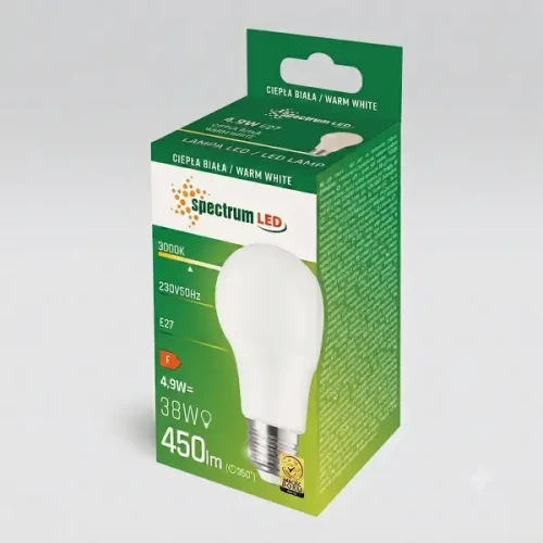 Żarówka LED 4,9W E27 w białym kolorze, ciepła biel (3000K). Widoczna opakowanie z logo spectrum LED oraz informacjami o mocy, napięciu i strumieniu świetlnym (450 lm). Pozycjonowana pionowo z przodu.