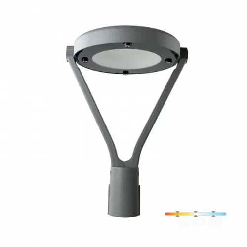 Lampa parkowa KOBI LED NEXPARK G2, oświetlenie w kolorze szarym, z okrągłym kloszem i trójnogą podstawą. Posiada certyfikat IP66, przeznaczona do użytku zewnętrznego. Widok z boku, prezentujący konstrukcję oraz miejsca na mocowanie.